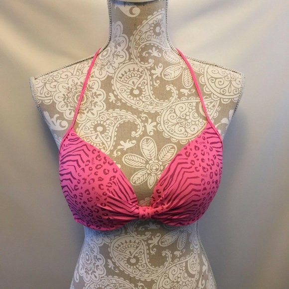 Pink Victoria Secret Swim Halter Top Size L Animal Print Bikini Padded Cups - Picture 1 of 10